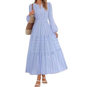 MEROKEETY‎ Womens L Light Blue Cotton Tiered Midi Dress Split V-Neck Pockets